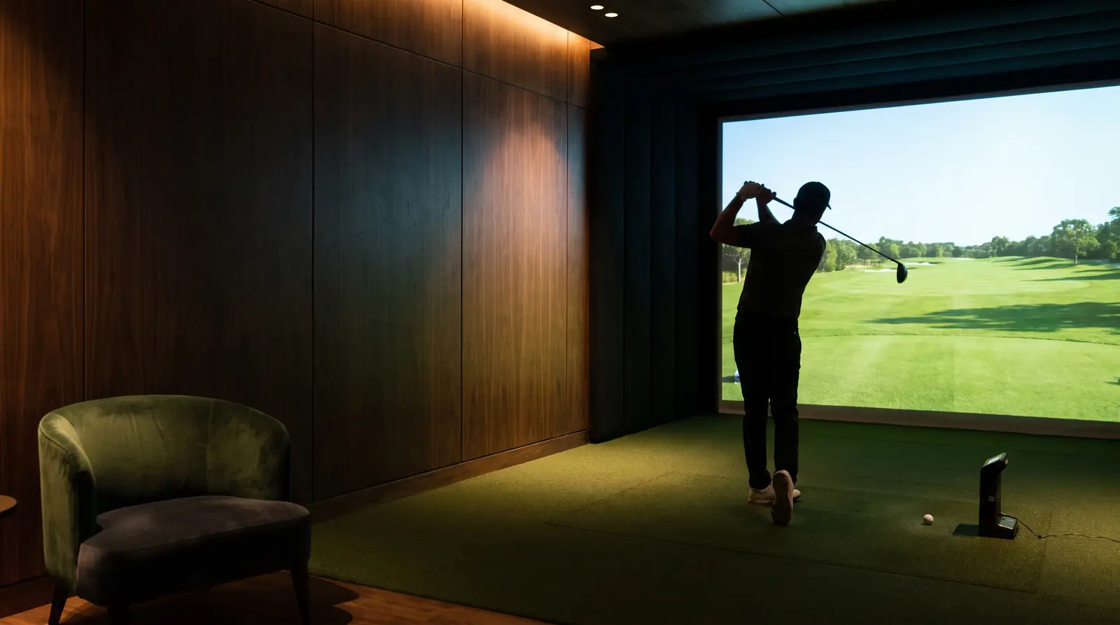 A golfer swinging in a home golf simulator room (AI-generated image)
