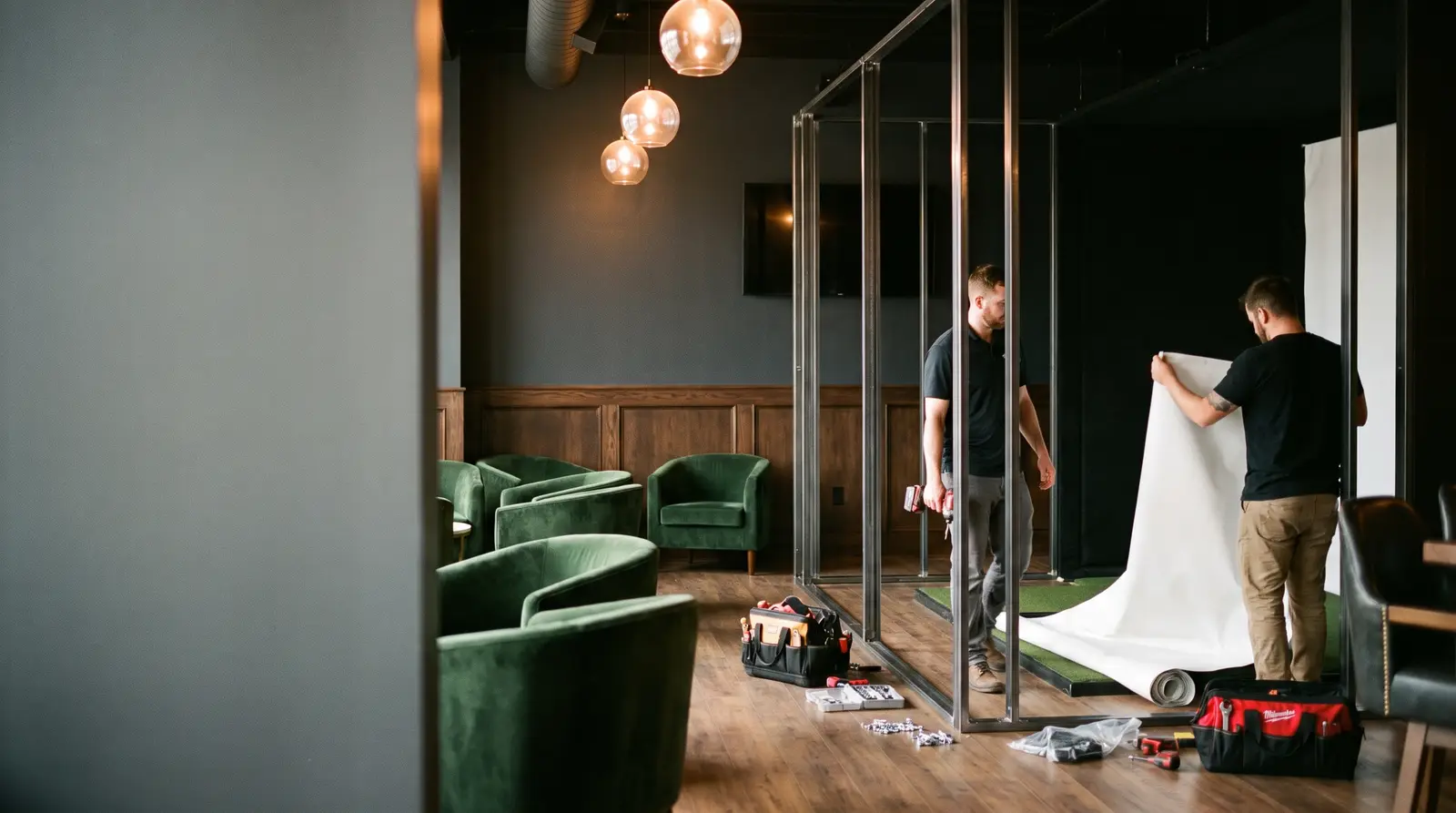 Installers building a golf simulator bay in a lounge (AI-generated image)
